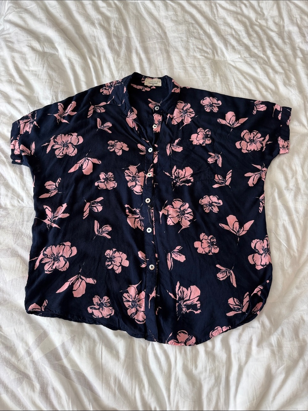 Waiwaolani Women's Navy Blue Short-Sleeve Button-Up Top w/ Pink Floral Print